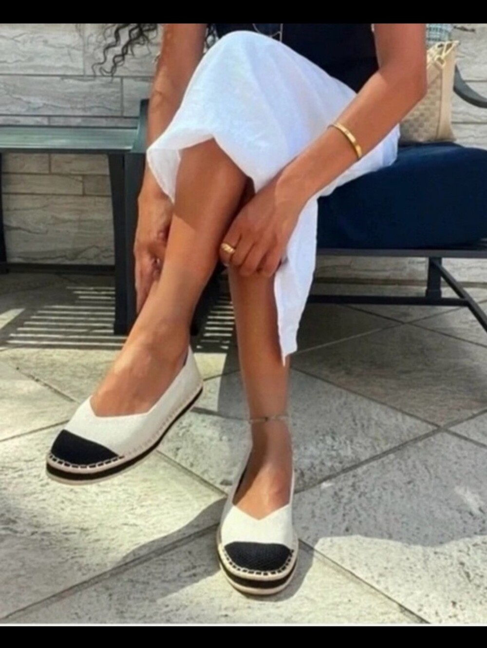 Rothy's White Espadrille Flats with Black Toe Cap